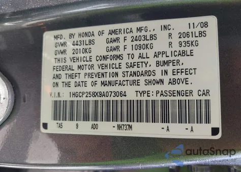 2009 Honda Accord 2.4 Ex-L z USA, uszkodzony, nr VIN 1HGCP258X9A073064